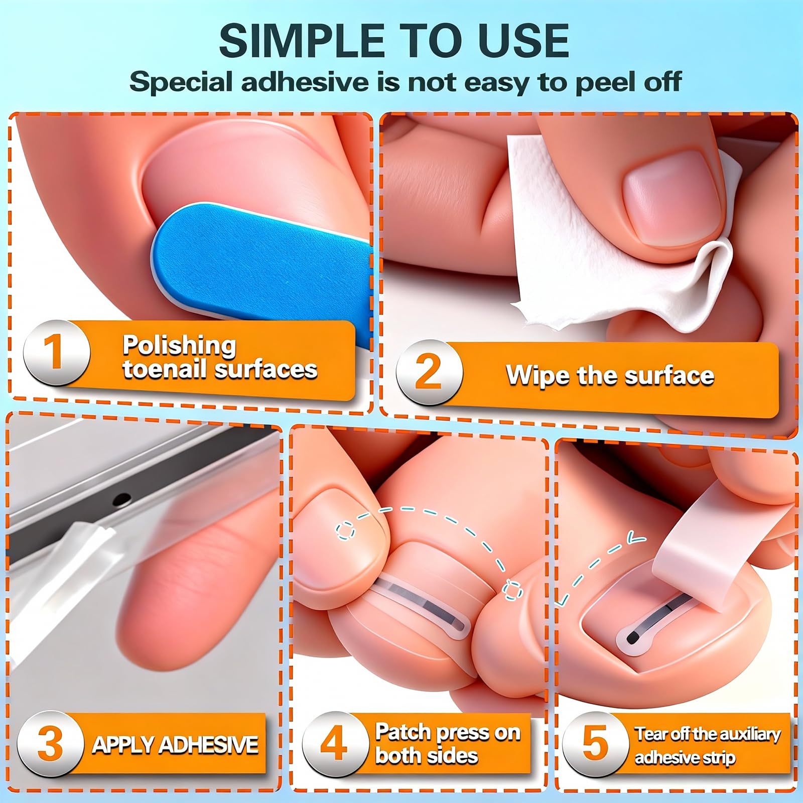 Demonstration of the waterproof and sweatproof titanium patches applied securely on a curved toenail.