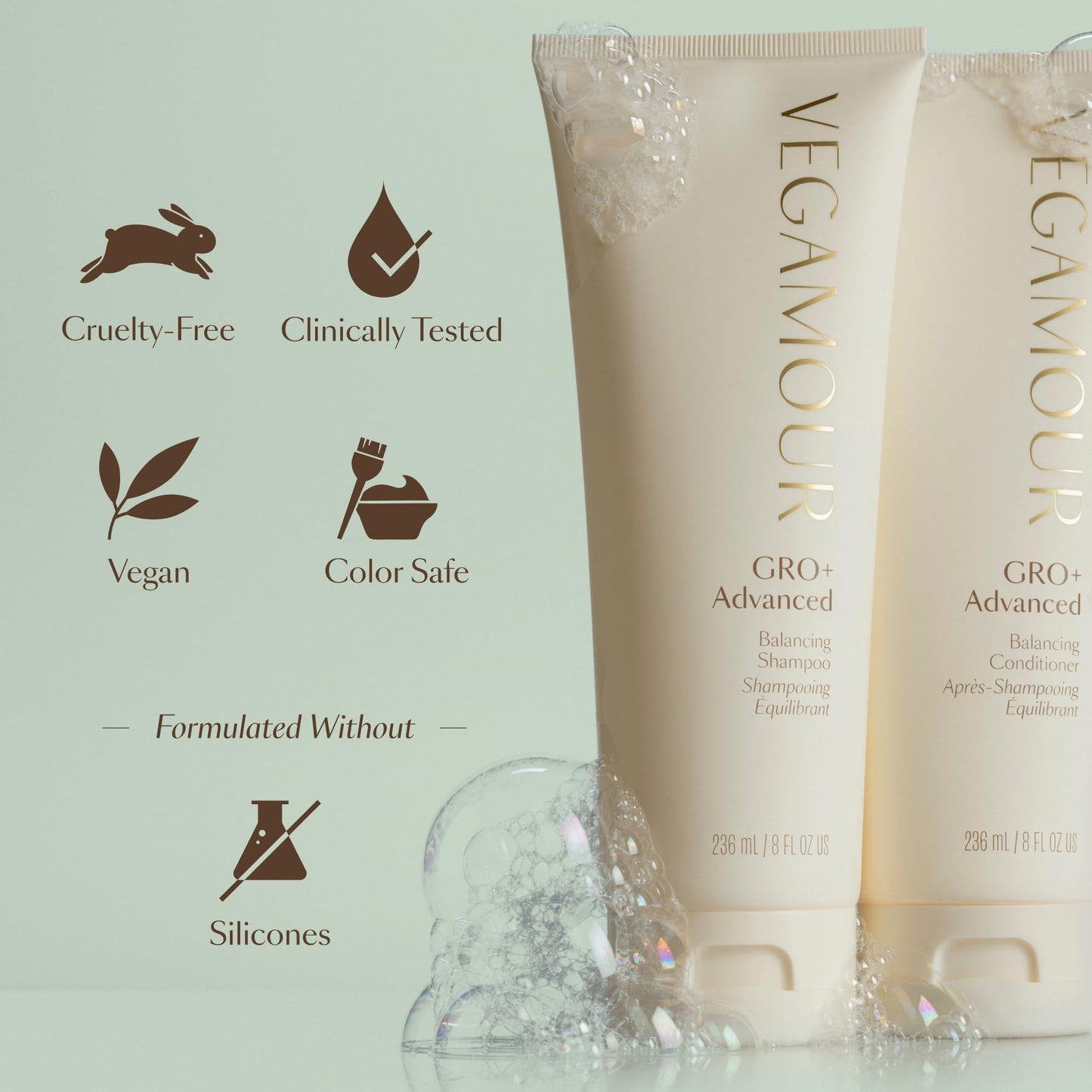 Vegamour GRO+ shampoo texture close up showing premium plant based ingredients