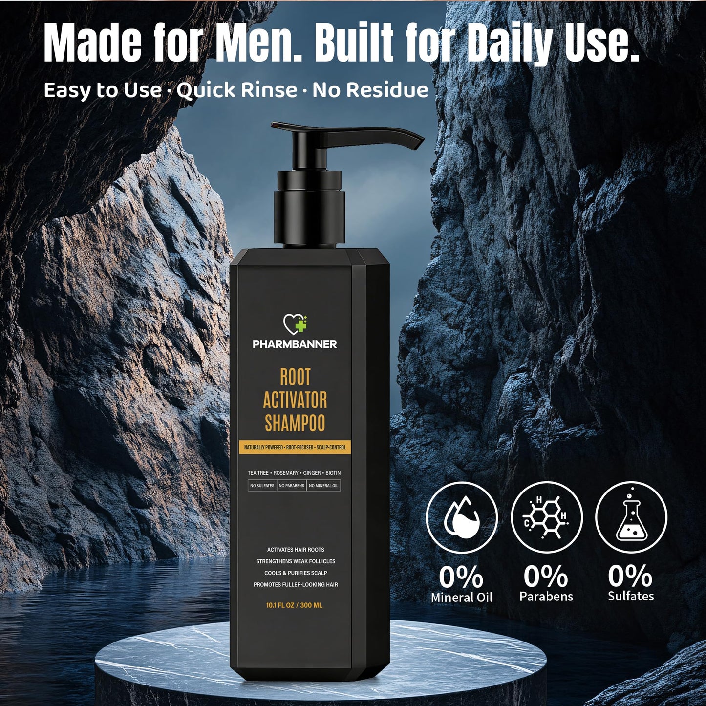 SPARTAN root activating shampoo showing modern black bottle design for scalp care