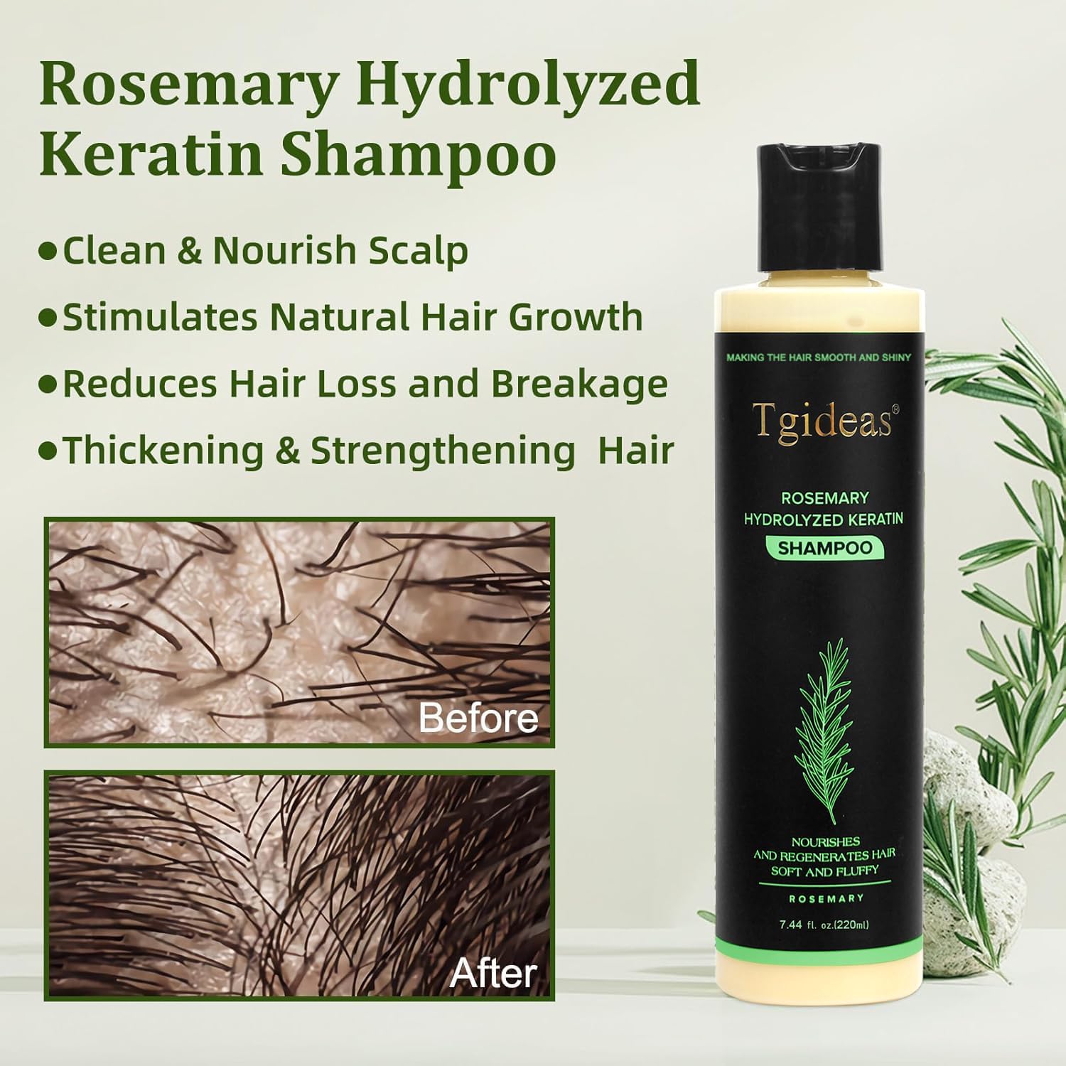 Tgideas sulfate free rosemary shampoo showing product labels and benefits