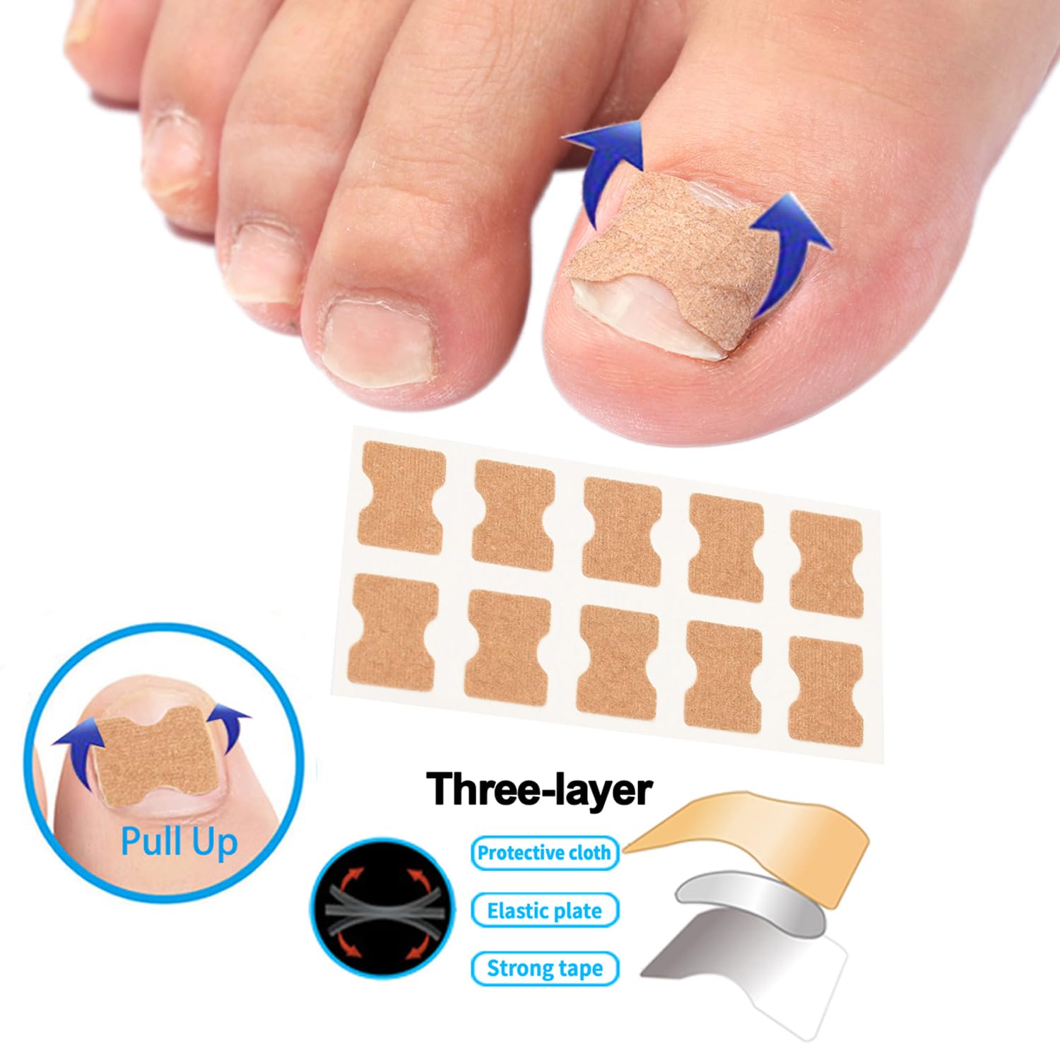 Close-up of the self-adhesive butterfly-shaped elastic patches from the toenail correction kit.