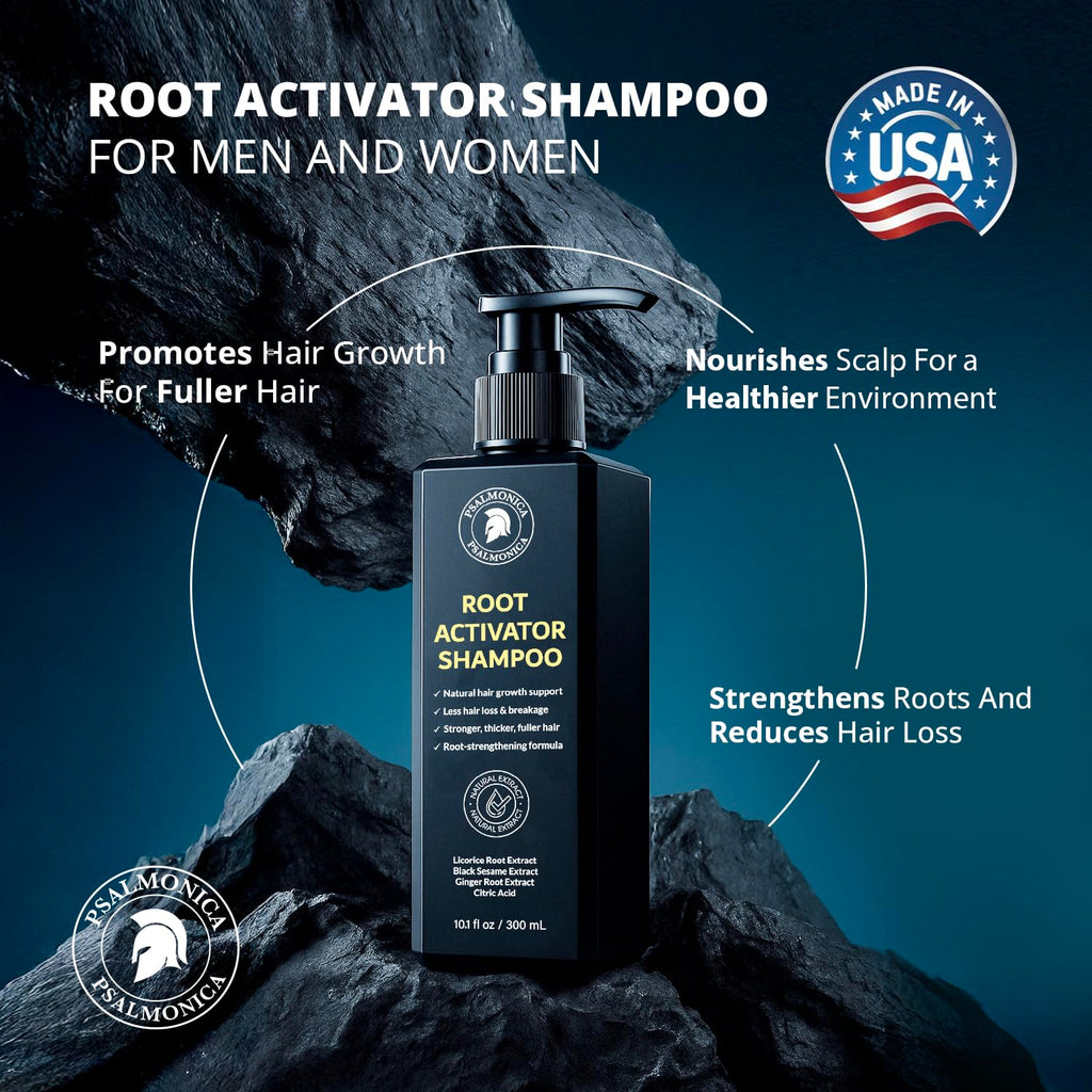 Psalmonica Spartan Root Activator Shampoo pump dispenser close up detail