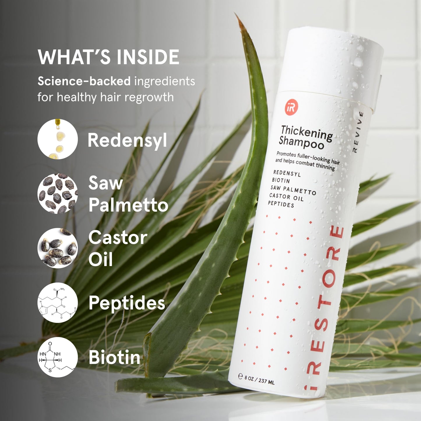 iRestore anti thinning shampoo liquid texture close up on hand