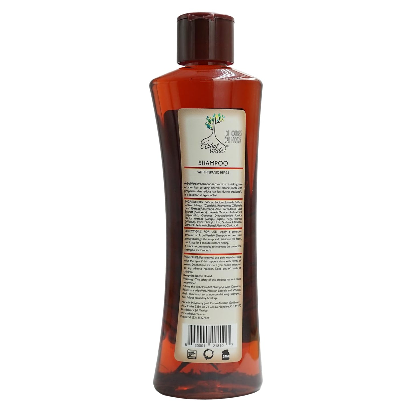Arbol Verde artisan hair fall reduction shampoo bottle showing Hispanic herb ingredients