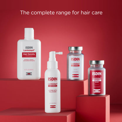 Side view of ISDIN Lambdapil thickening shampoo fluid ounce measurement display