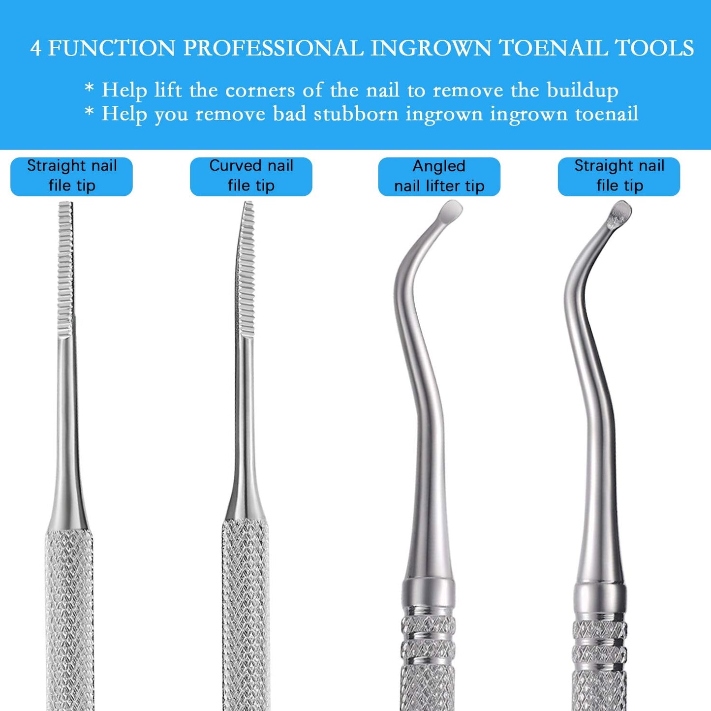 Professional stainless steel ingrown toenail file with straight and curved ends