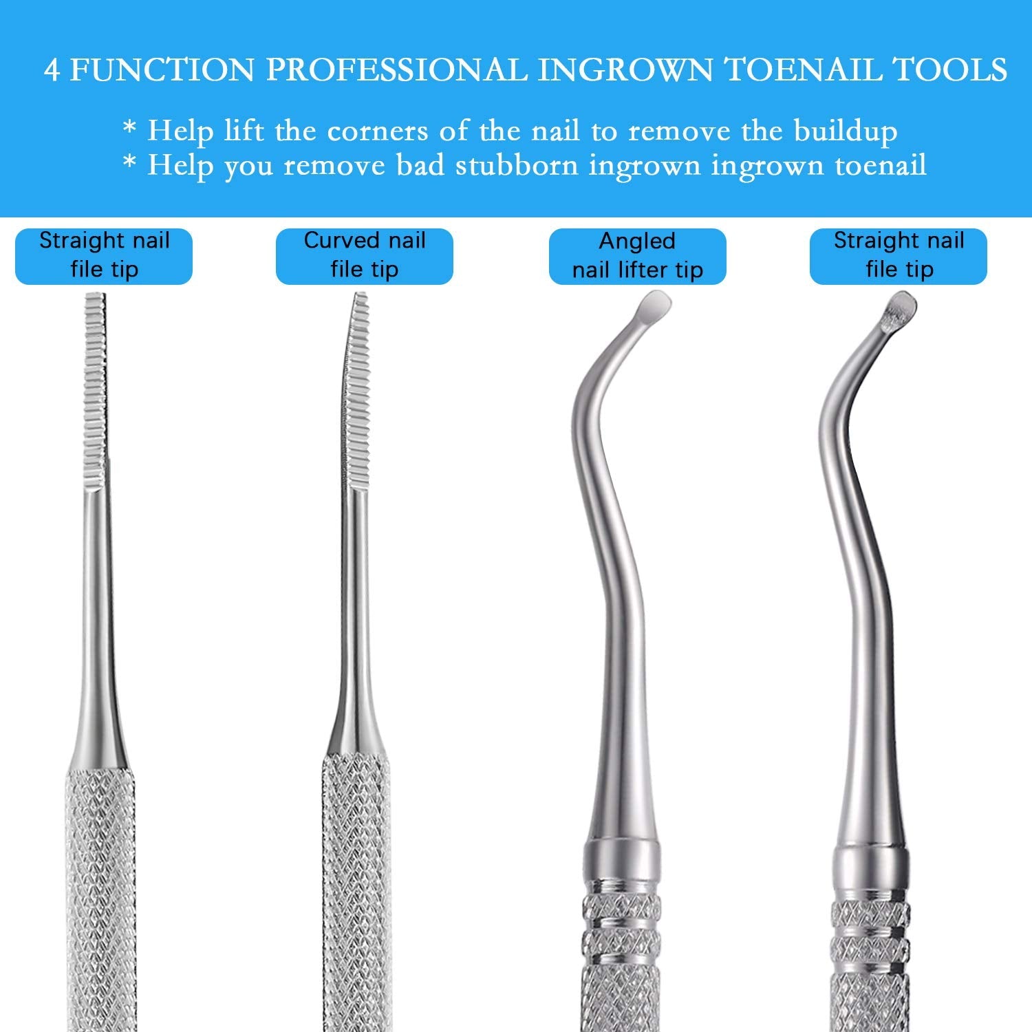 Professional stainless steel ingrown toenail file with straight and curved ends