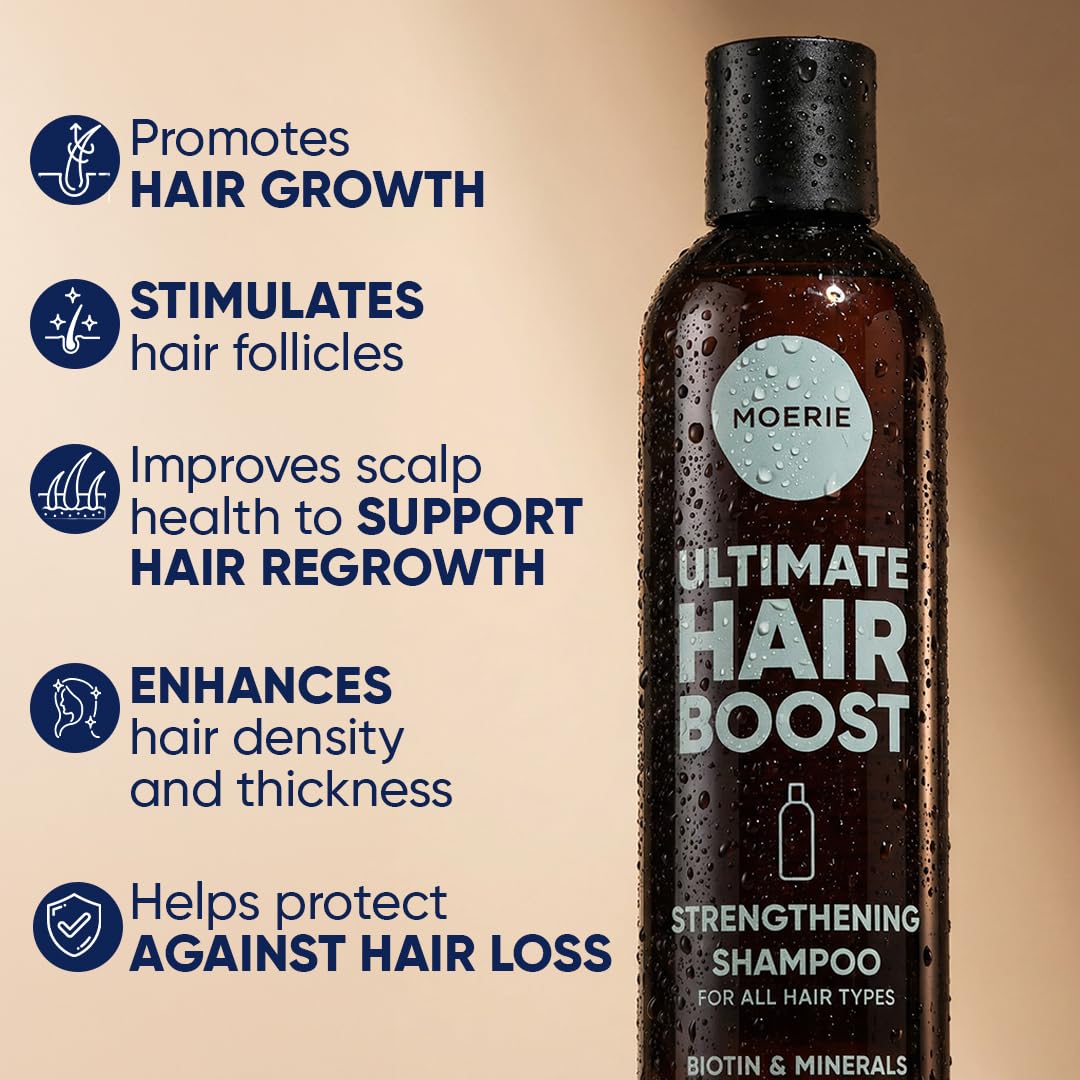 Moerie mineral hair growth shampoo showing vegan formula badge
