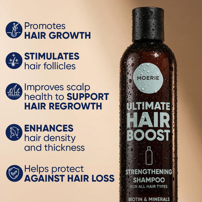 Moerie mineral hair growth shampoo showing vegan formula badge