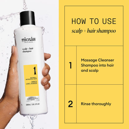 Close up of Nioxin Scalp and Hair System 1 cleanser bottle for light thinning concerns