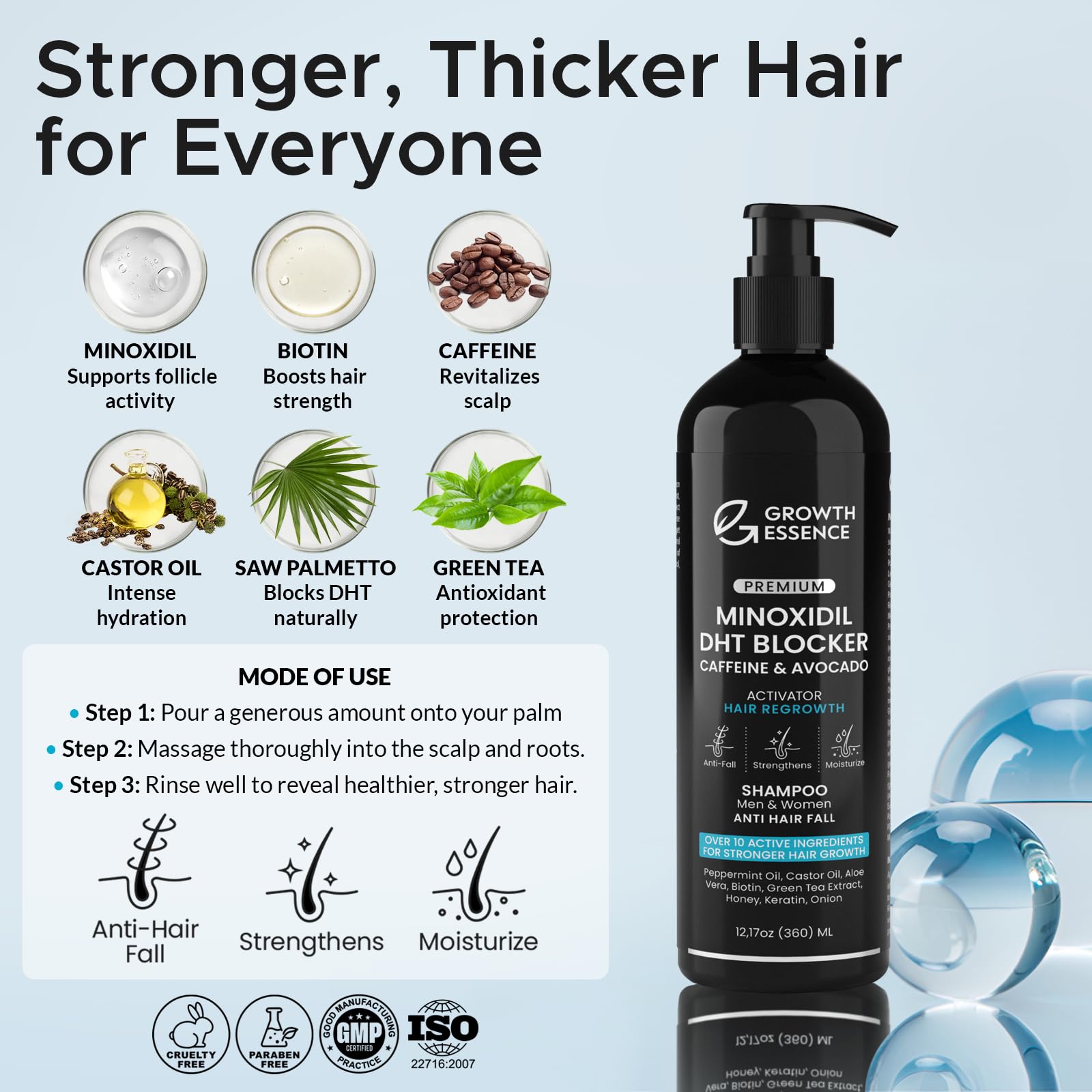 Growth Essence DHT blocker shampoo for thickening thinning hair in men and women