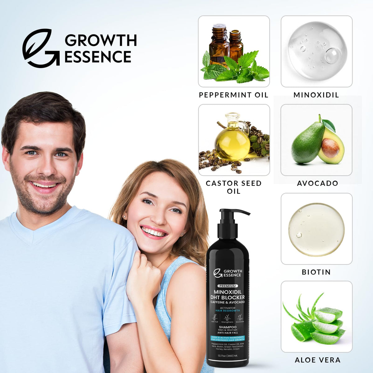 Growth Essence Minoxidil and Biotin Shampoo lifestyle setting on bathroom shelf