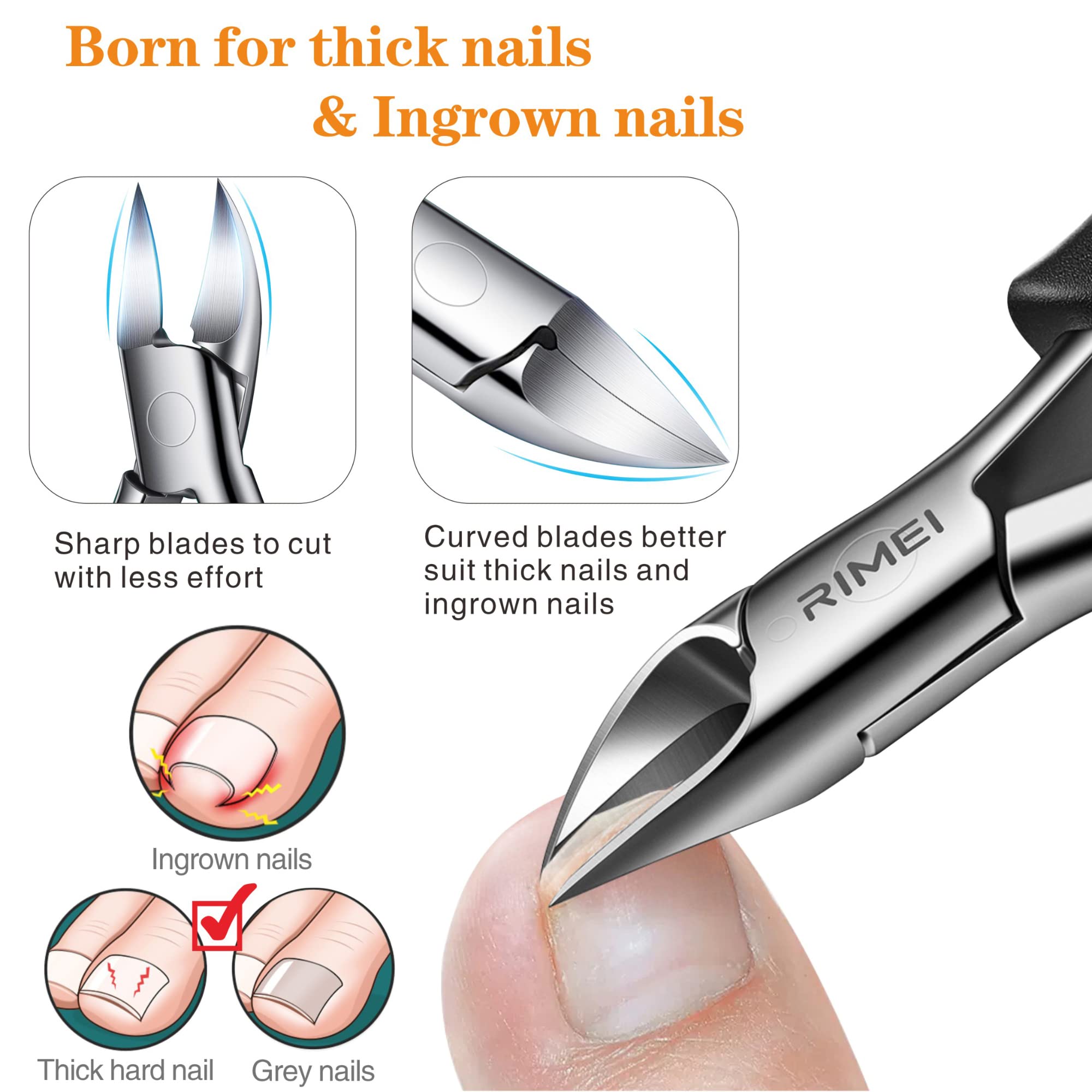 Close up of Rimei professional nail cutter showing sharp curved blade
