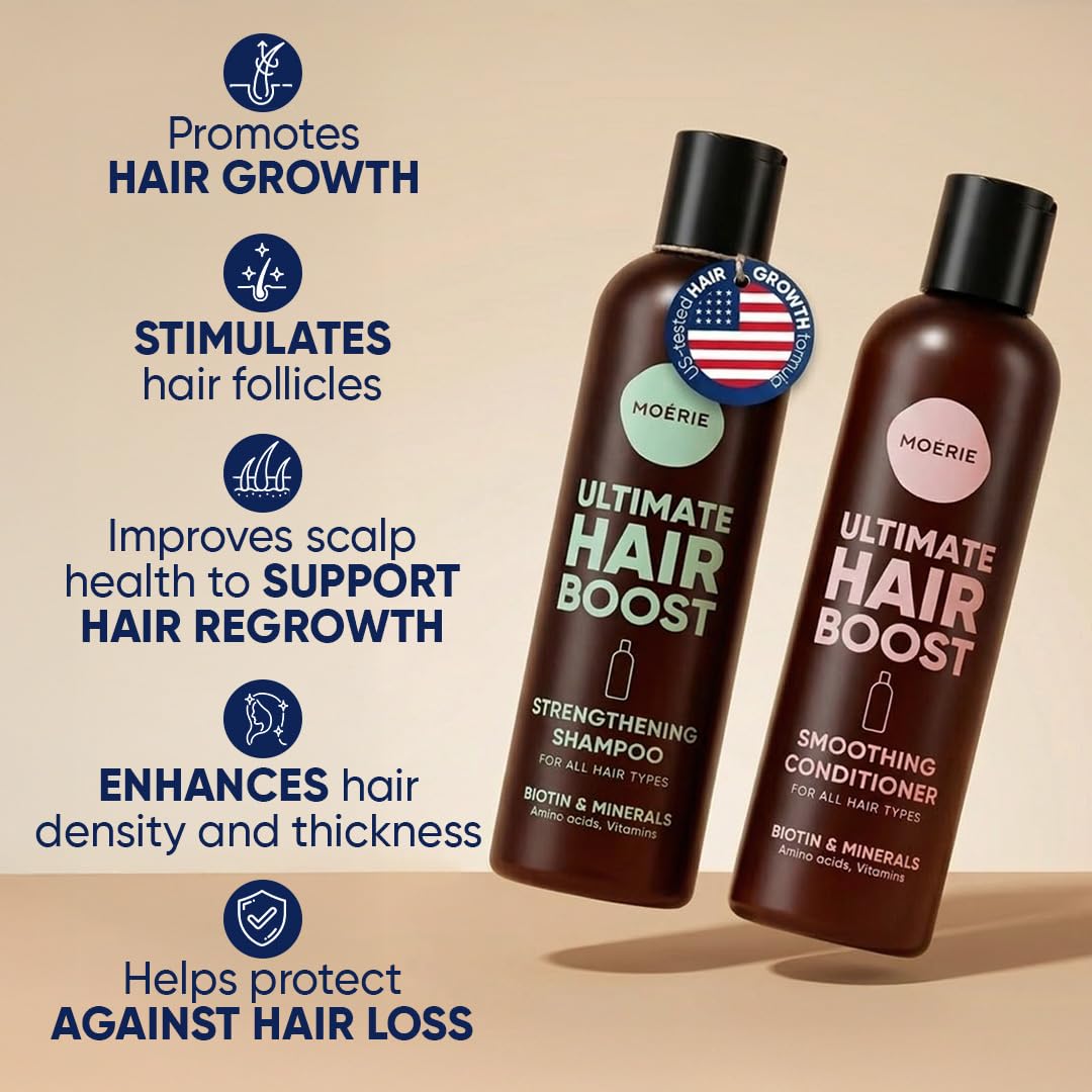 Moerie hair growth shampoo and conditioner bottles showing key ingredients