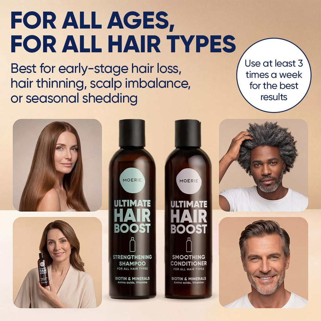 Moerie volumizing hair care set closeup on ingredients