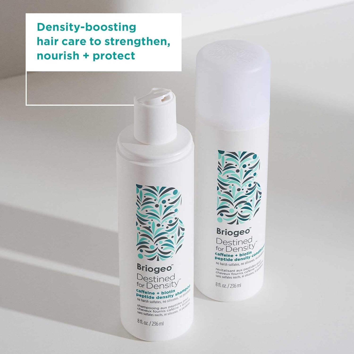 Authentic Briogeo density boosting hair care duo with packaging details.