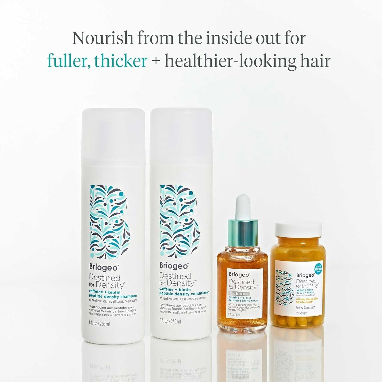 Briogeo clean beauty hair density regimen bottles showcasing key benefits.