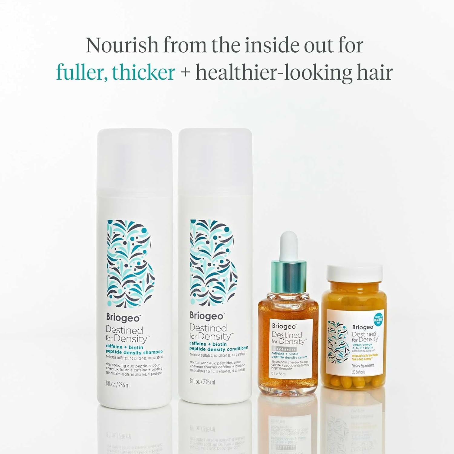 Briogeo clean beauty hair density regimen bottles showcasing key benefits.