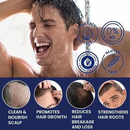 Uttse mens hair thinning shampoo dark blue bottle showcasing premium biotin and tea tree ingredients