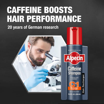 Alpecin C1 Caffeine Shampoo close up view showcasing hair fall control benefits