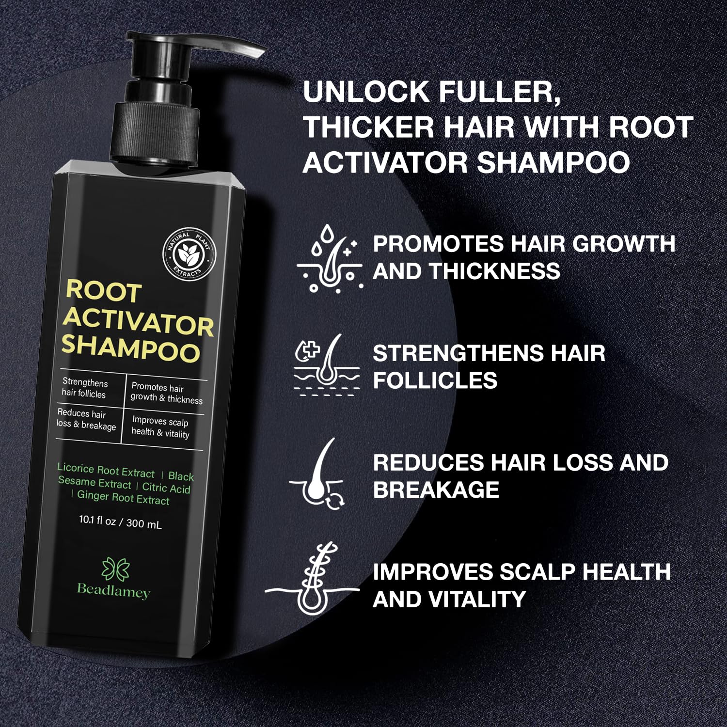 Beadlamey hair loss and thinning hair shampoo for men detailing the 300ml packaging.