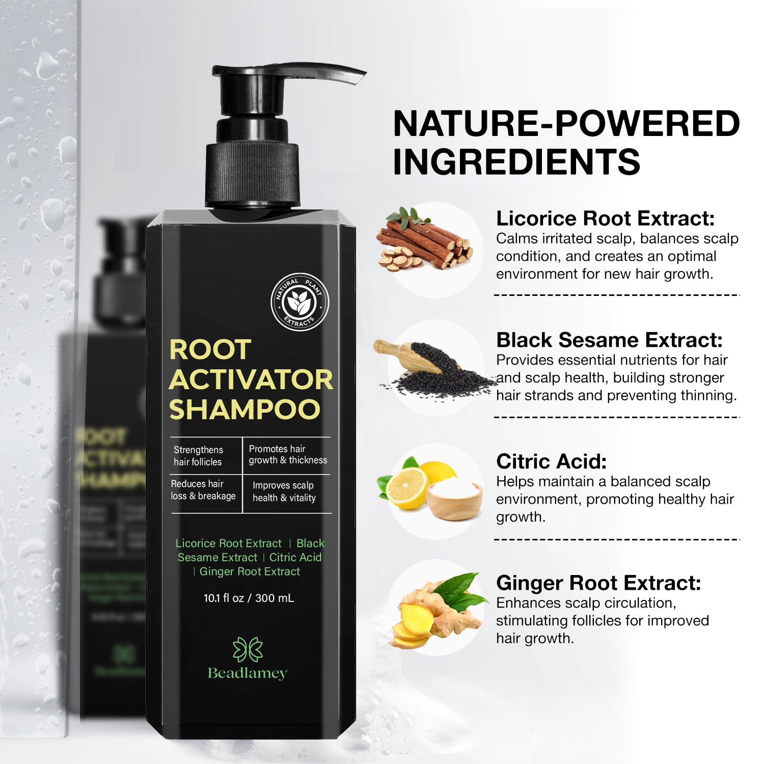 Back label of Beadlamey Root Activator Shampoo highlighting natural plant-powered ingredients.