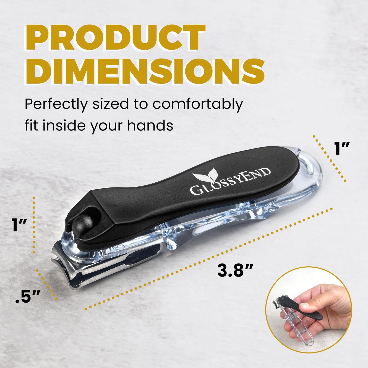 GlossyEnd 360 degree nail clipper held in hand for comfort