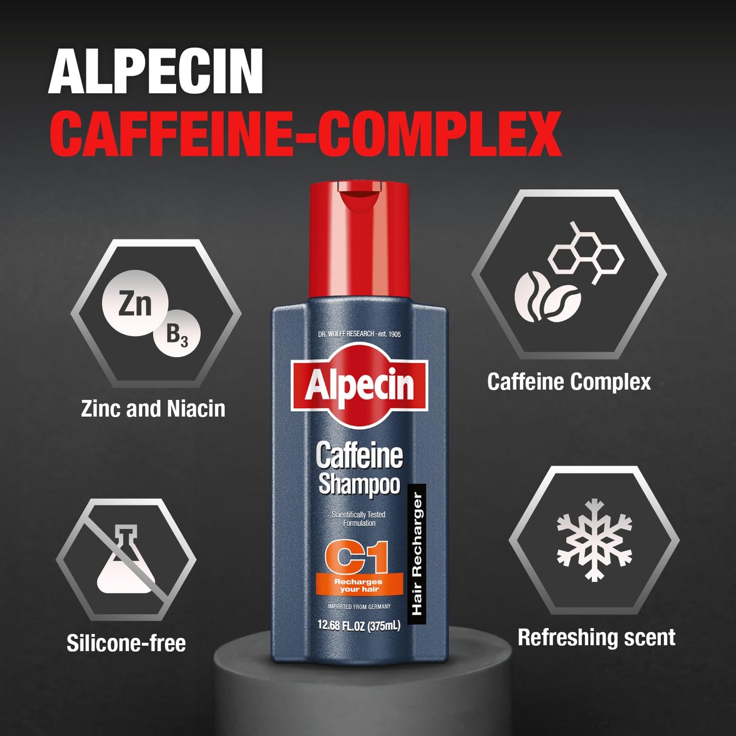 Alpecin C1 Caffeine Shampoo 12.68 fluid ounces bottle showing product directions