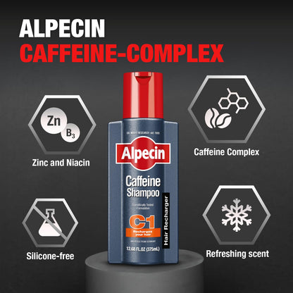 Alpecin C1 Caffeine Shampoo 12.68 fluid ounces bottle showing product directions