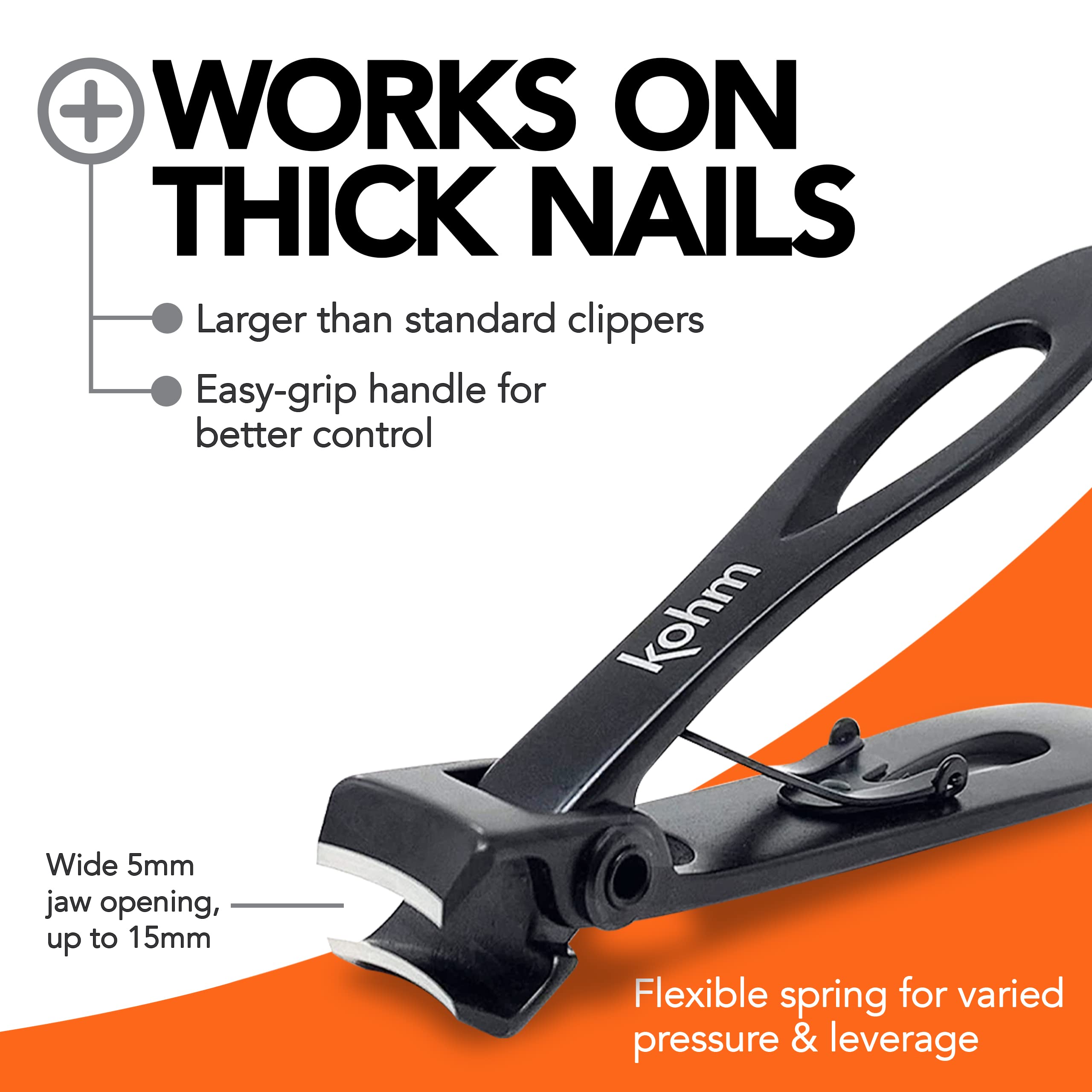 Ergonomic matte finish handle of Kohm thick nail clipper