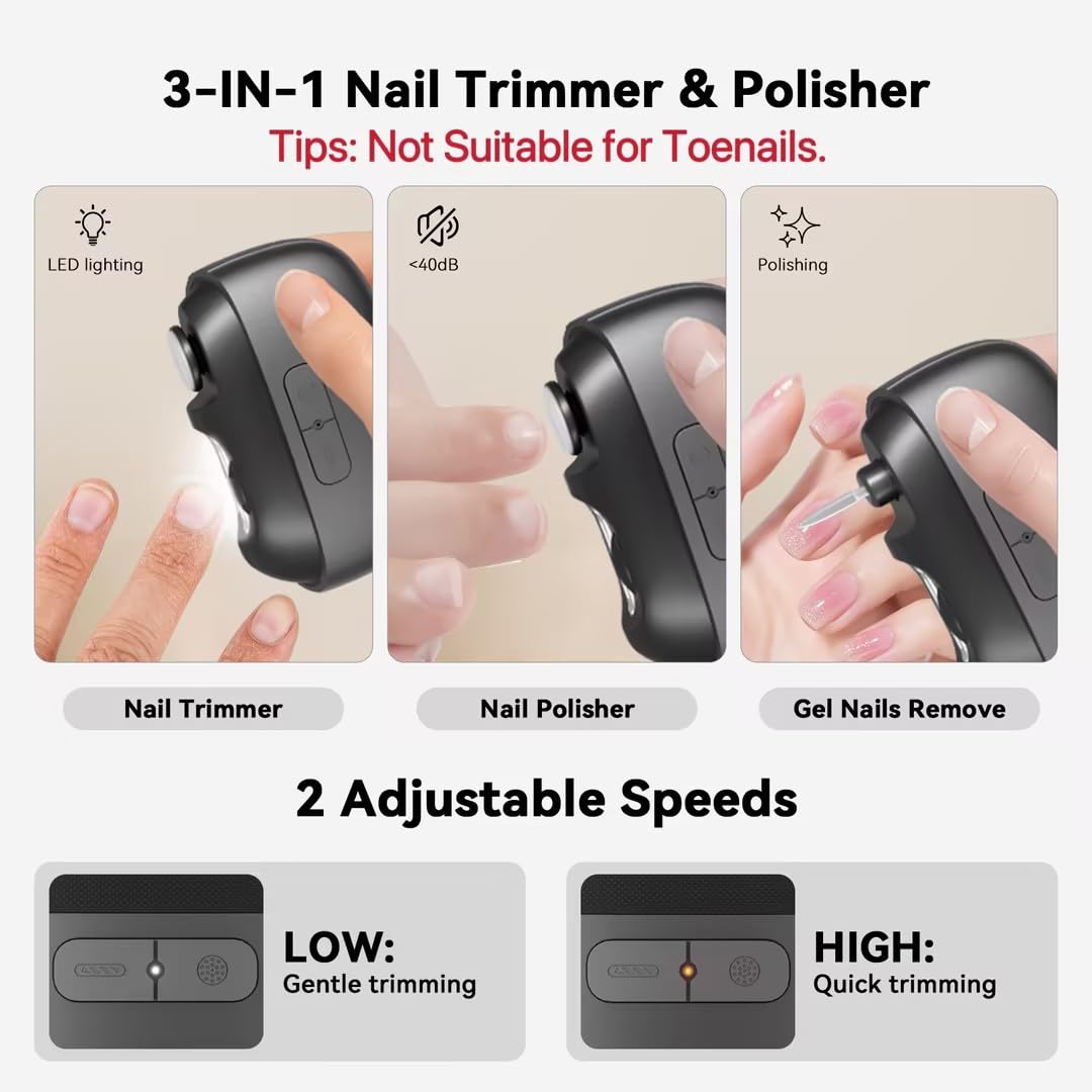 Side profile of electric nail clipper showing LED light and storage