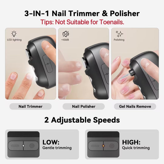 Side profile of electric nail clipper showing LED light and storage