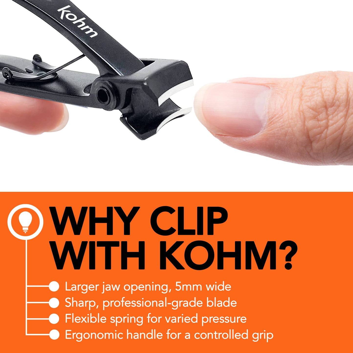 Kohm wide jaw clipper held in hand for scale