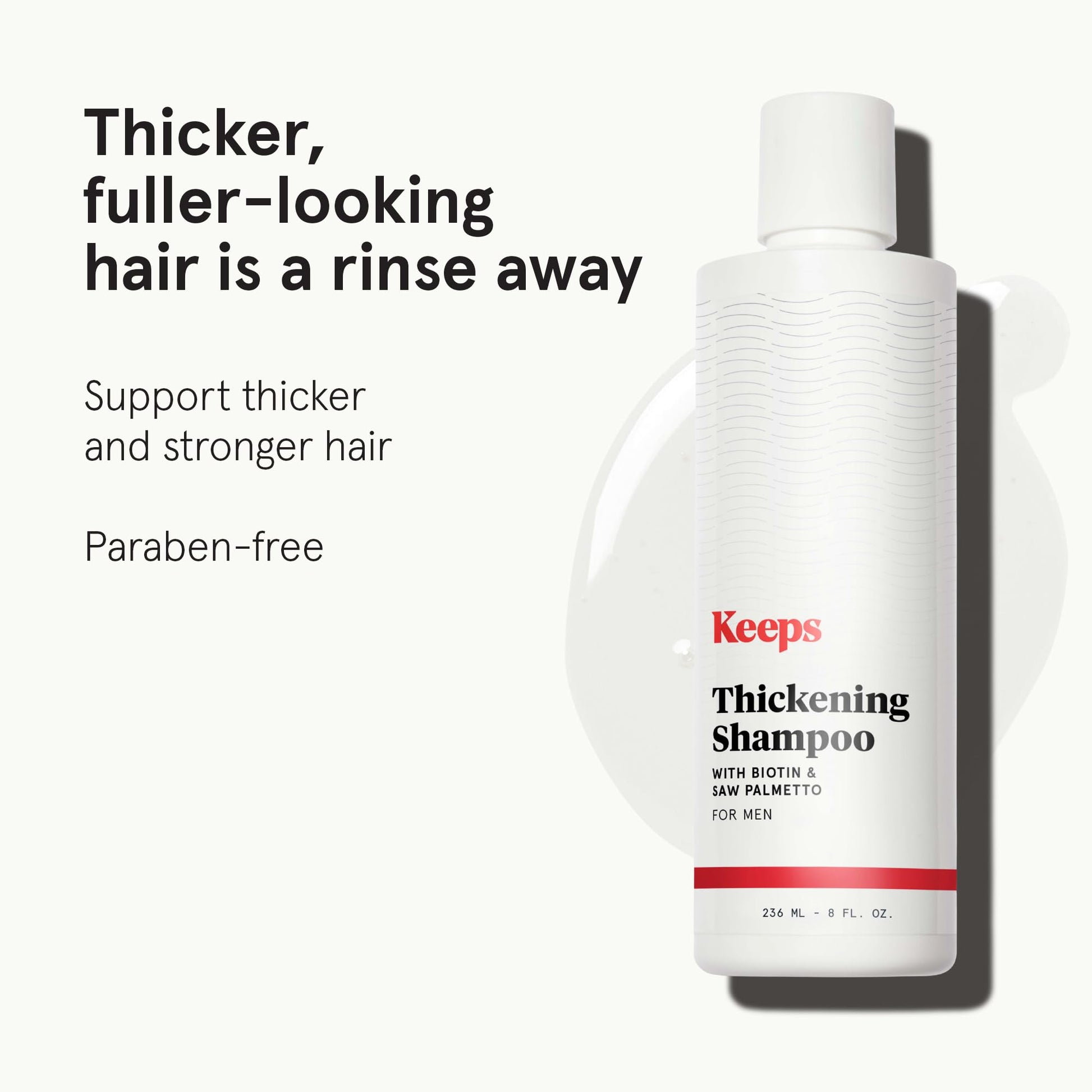 Keeps thickening shampoo with biotin and saw palmetto for male pattern baldness