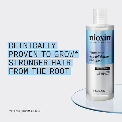 Back label of Nioxin Hair Fall Defense Shampoo 240ml with directions for use