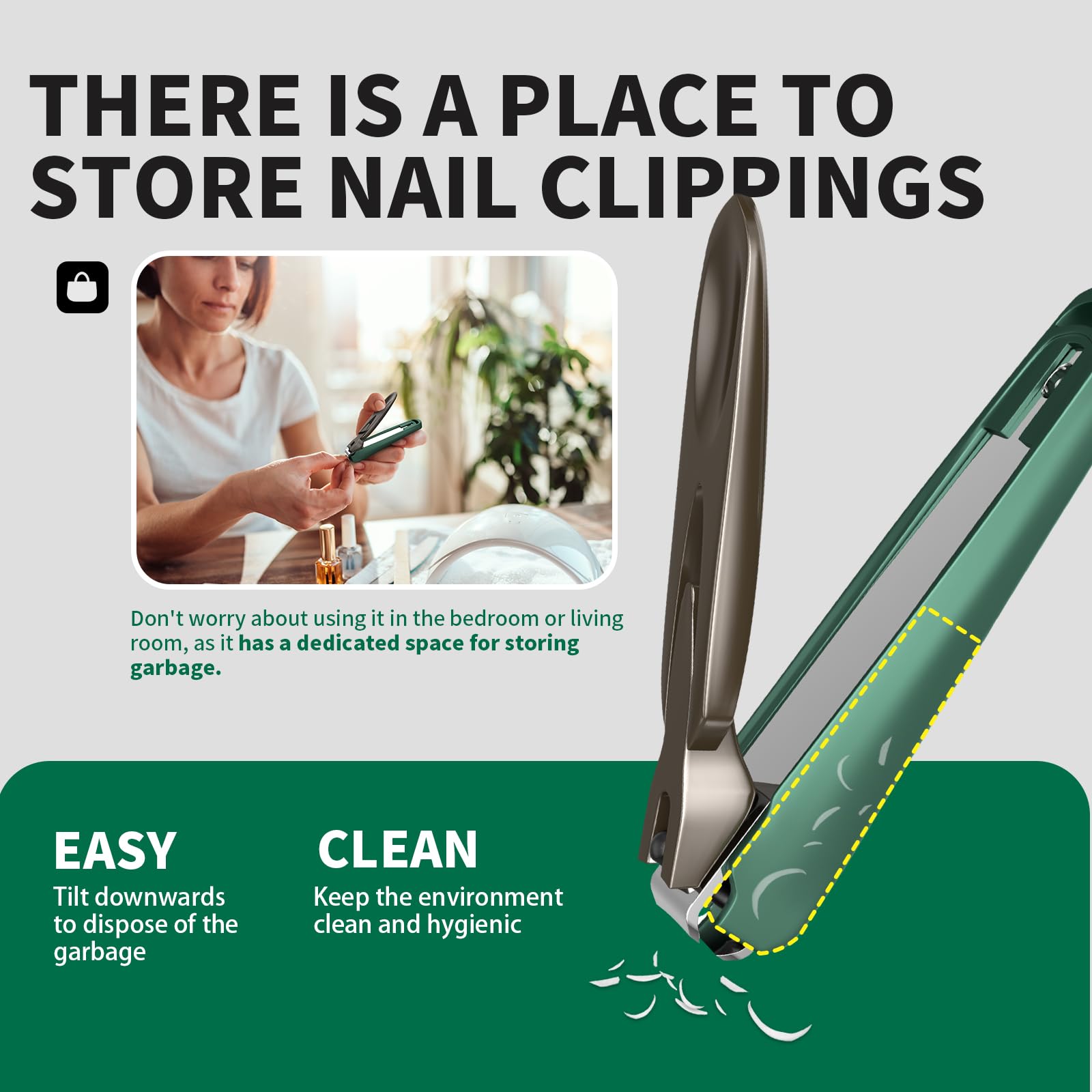 Nail clippers with collection compartment open