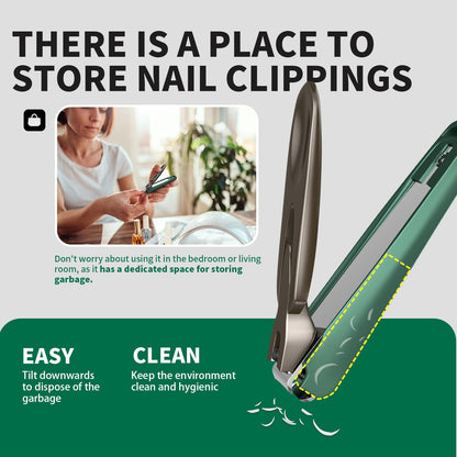 Nail clippers with collection compartment open