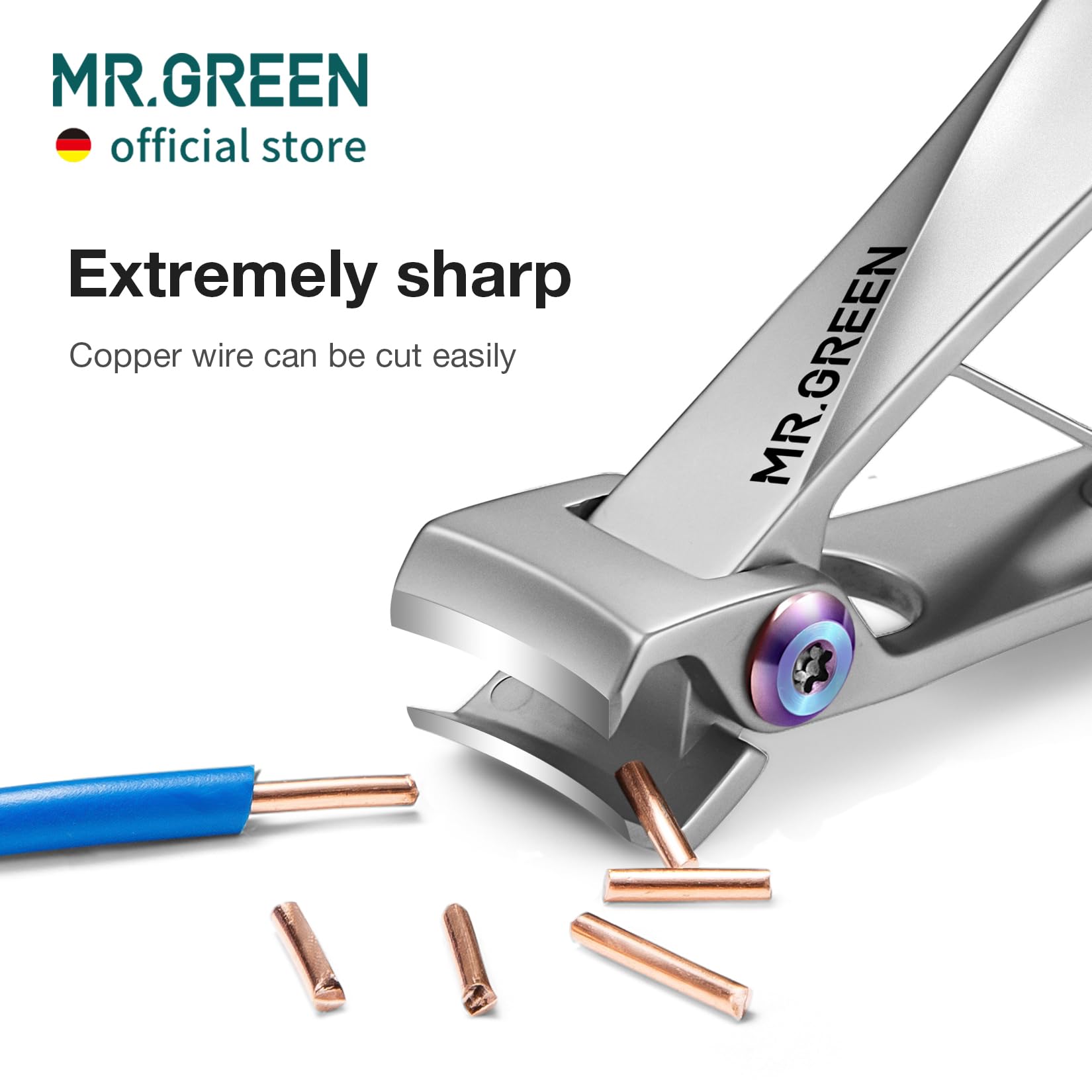 Hand holding MR.GREEN heavy duty toenail clipper