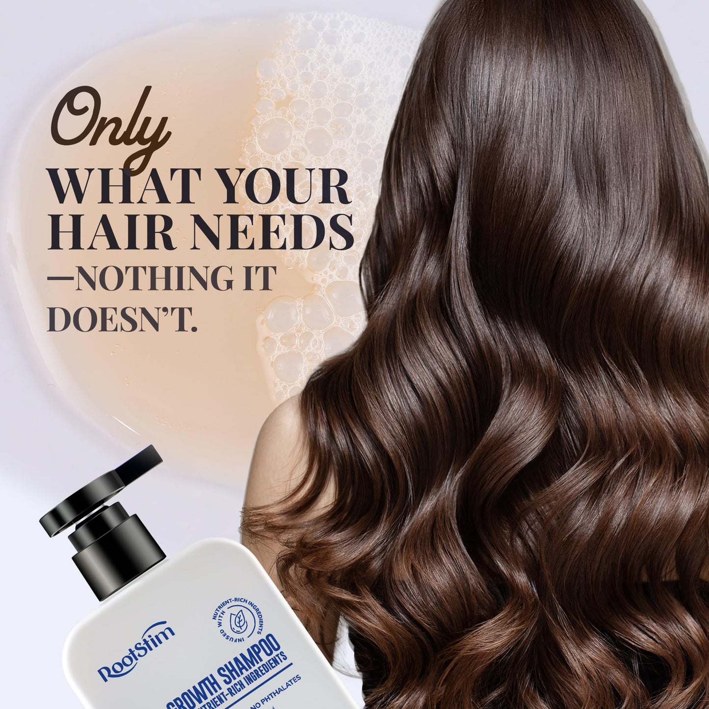 RootStim hair growth treatment shampoo bottle showcasing its sleek design on a bathroom shelf