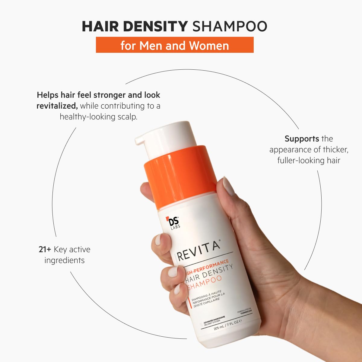 Sulfate free hair thickening shampoo by DS Laboratories showing key ingredients