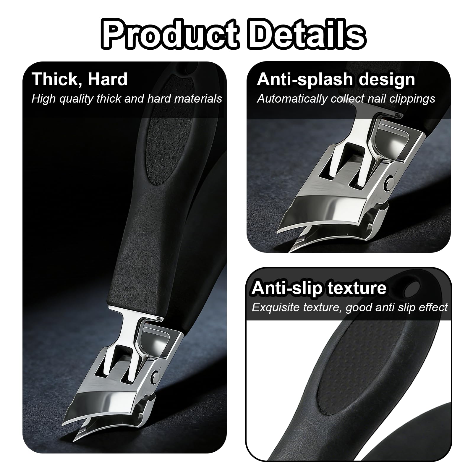 Side profile of Medech stainless steel nail clipper with black grip