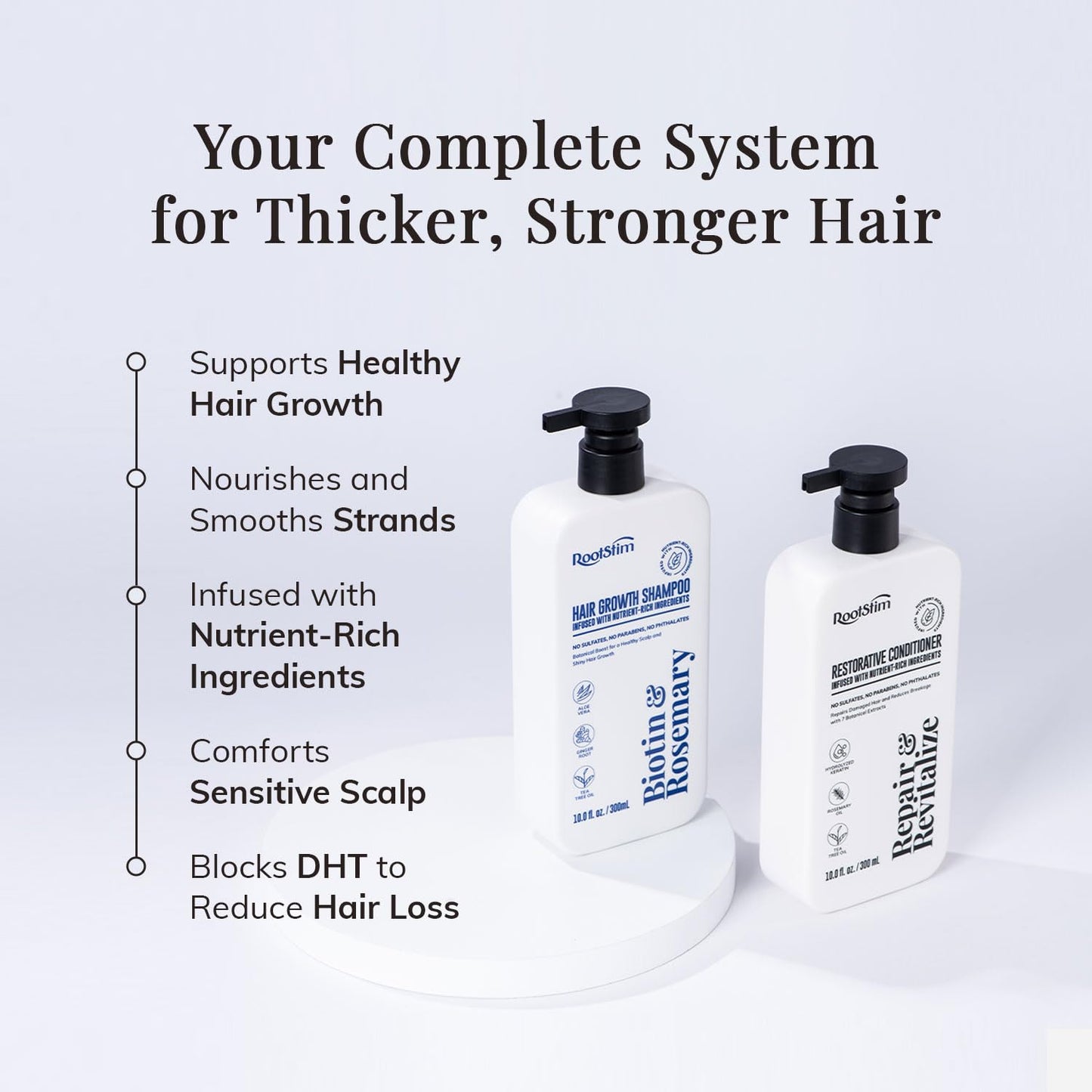 RootStim Rosemary and Biotin anti hair fall shampoo bottle focusing on natural ingredients list.
