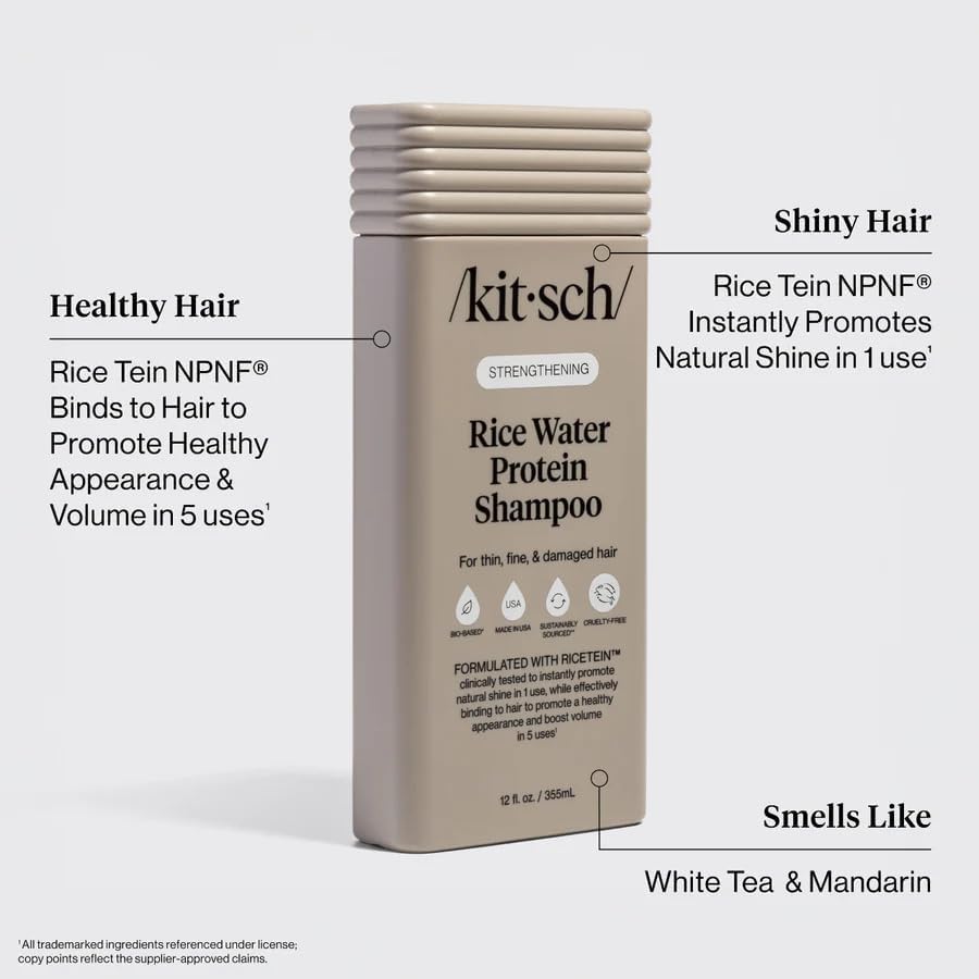 Back label of Kitsch rice water shampoo showing clean ingredients list