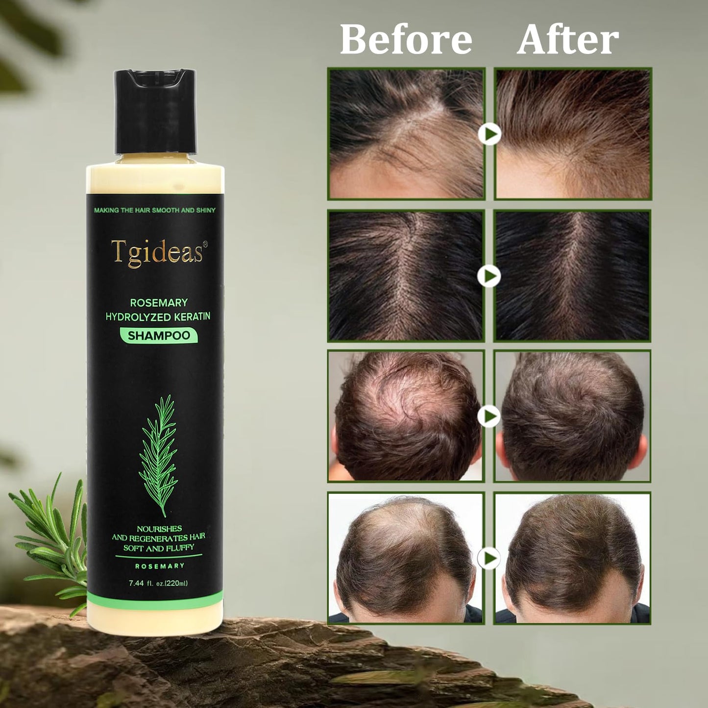 Sulfate free natural organic rosemary shampoo for thinning hair scalp application.