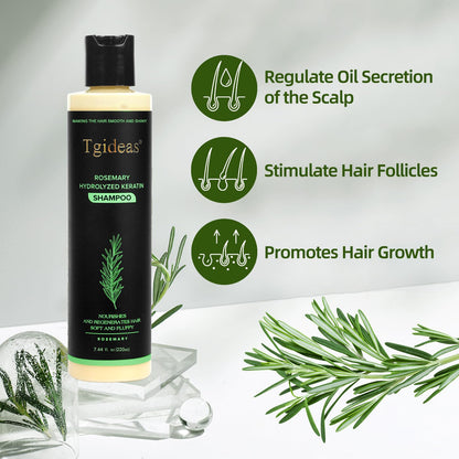 Premium rosemary leaf oil and keratin strengthening hair cleanser packaging details.