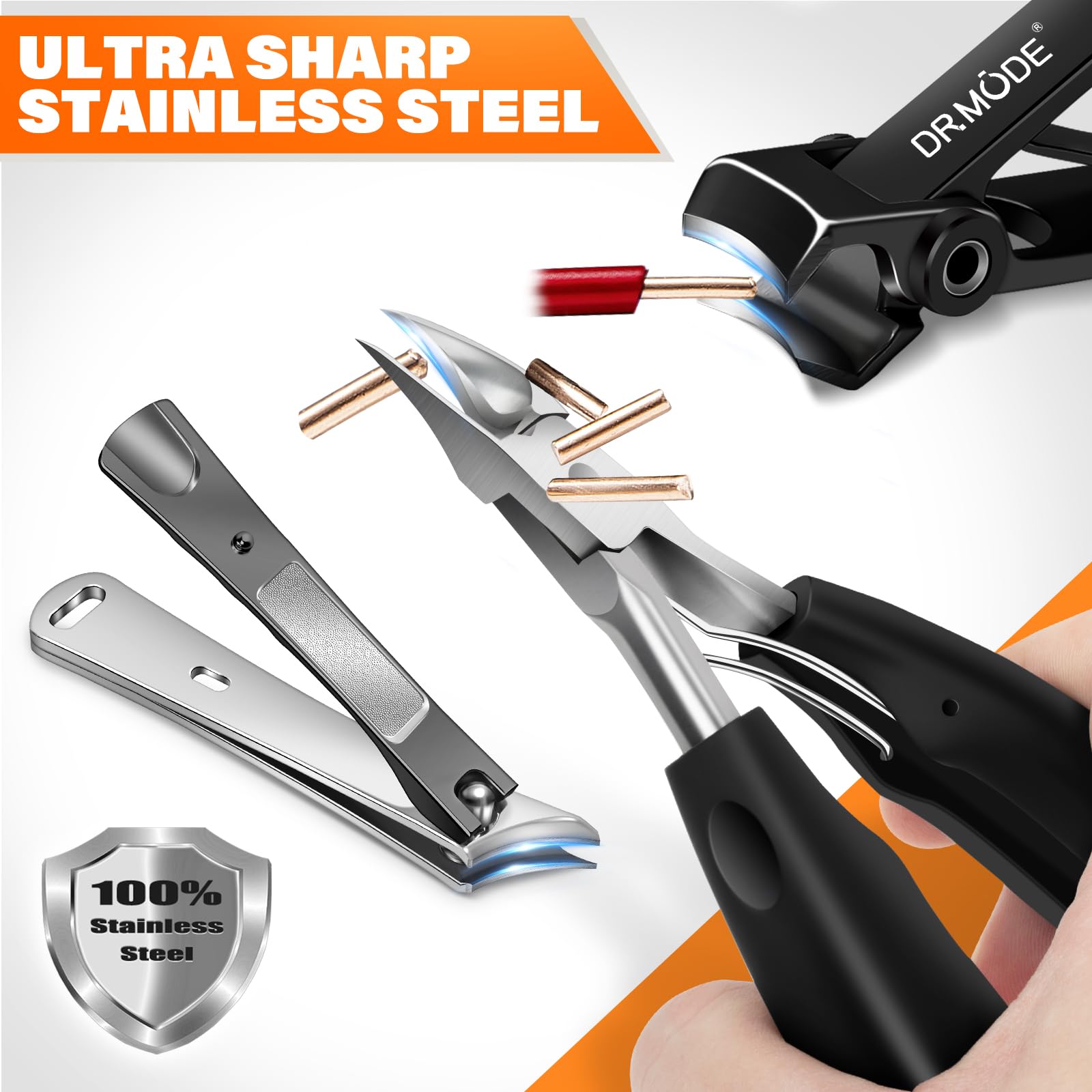 Close up of DRMODE professional nail clipper stainless steel blade