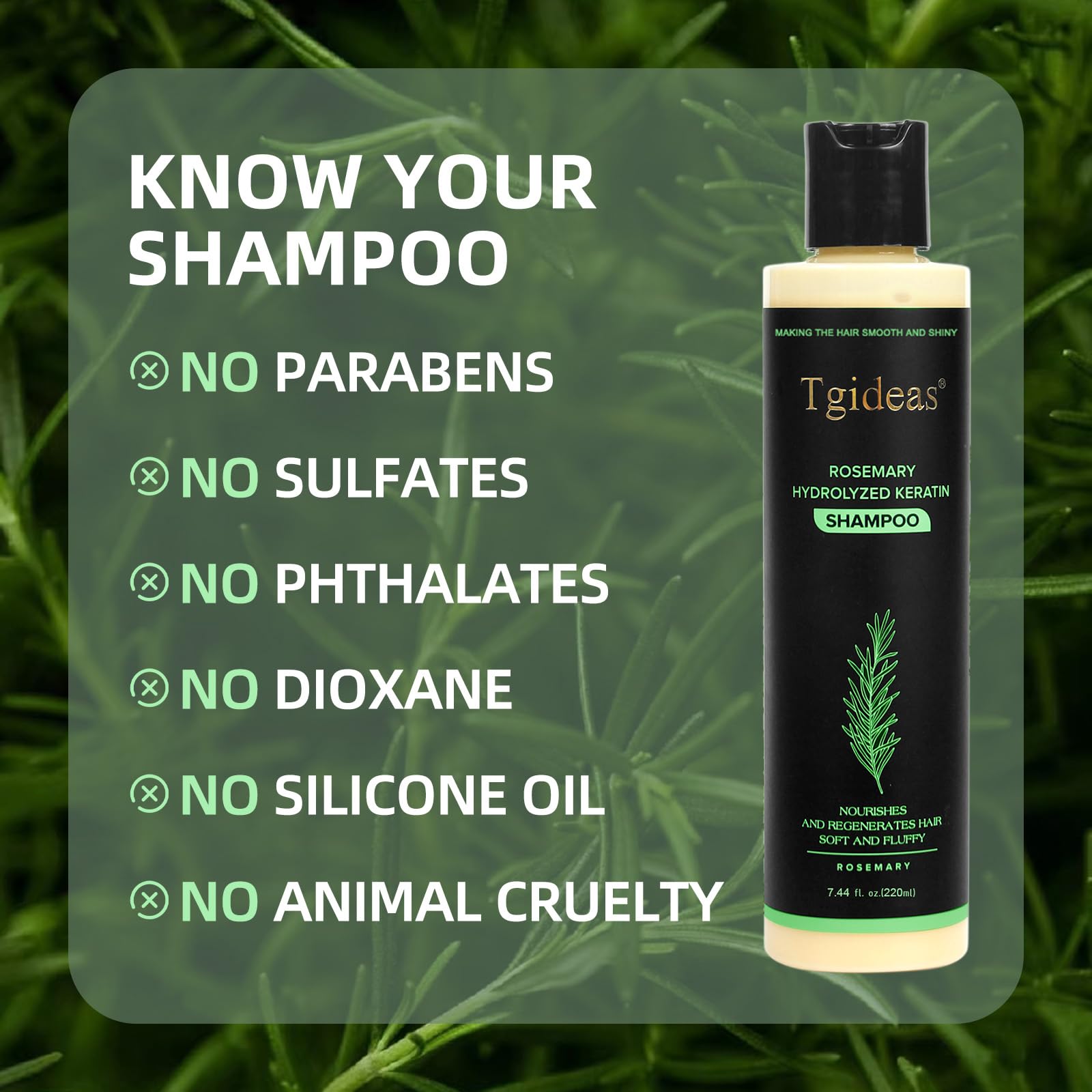 Close up look at the official Tgideas rosemary anti dandruff and root lifting shampoo bottle.