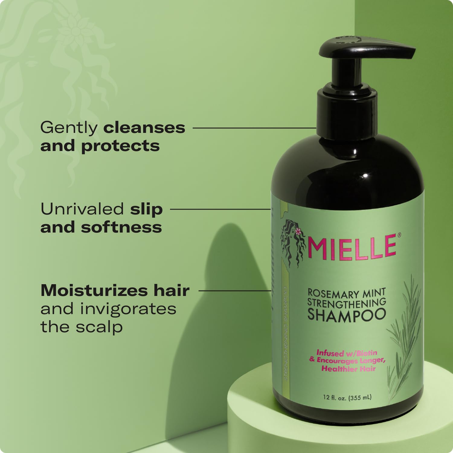 Authentic USA imported Mielle Rosemary Mint shampoo bottle on a minimalist background