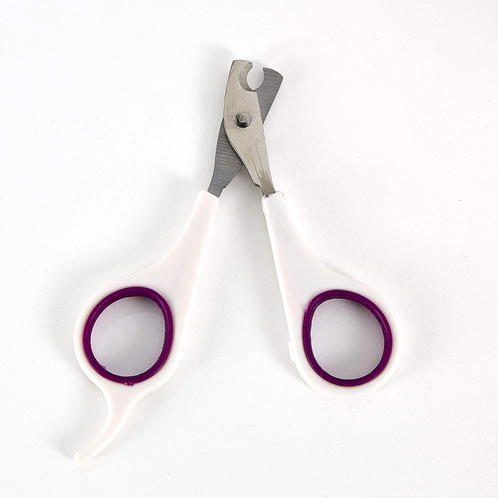 Ergonomic purple Kaytee pet nail trimmer handle detail