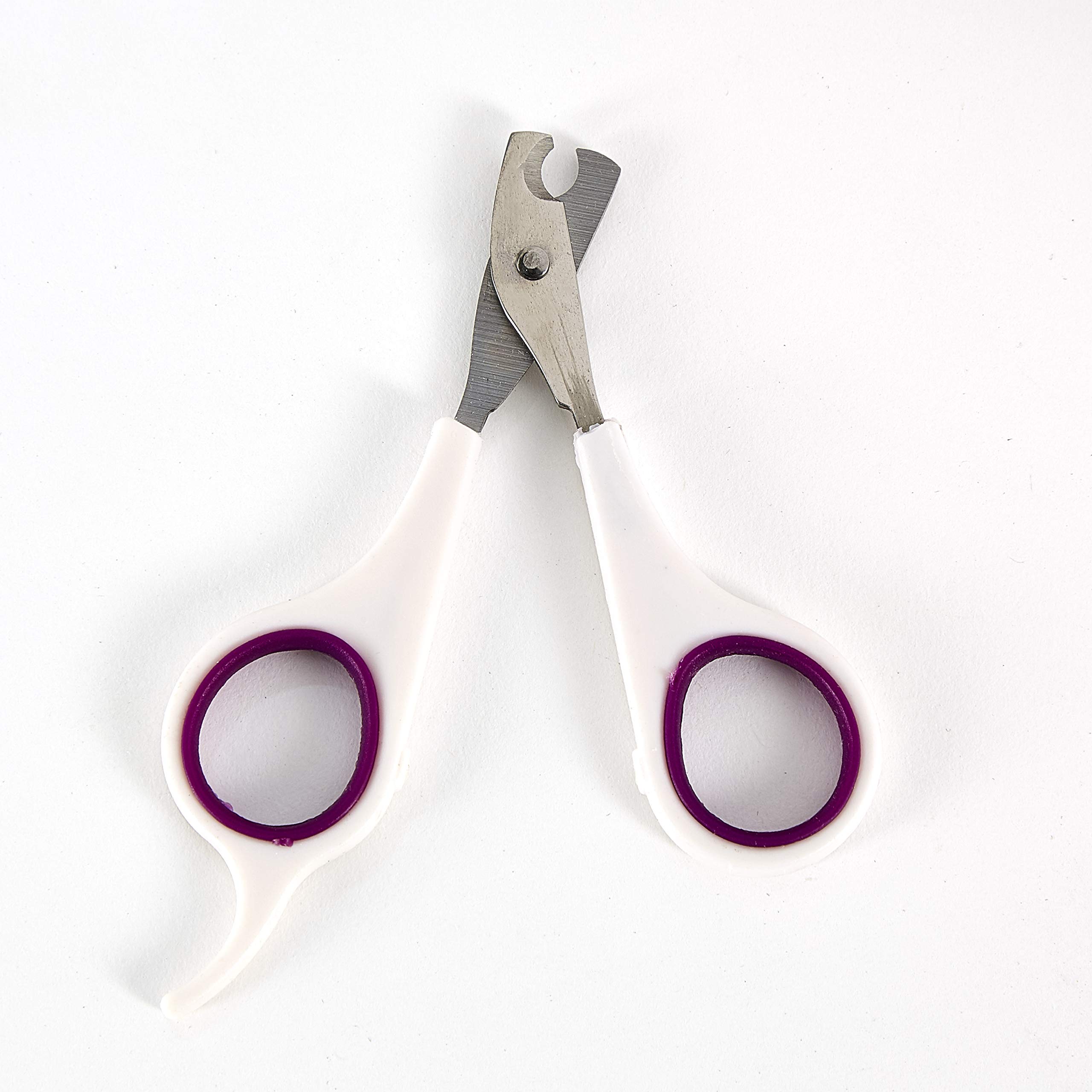 Ergonomic purple Kaytee pet nail trimmer handle detail